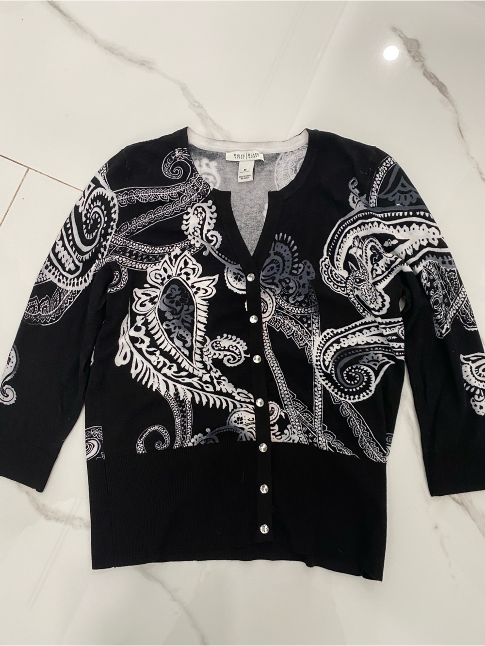 White House Black Market Black & White Paisley Knit Top with crystal buttons